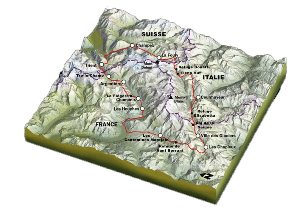 Carte 3D du massif du Mont-Blanc montrant les zones d'intervention dépannage automobile - Chamonix, Argentière, Les Houches, Courmayeur et liaisons France-Suisse-Italie