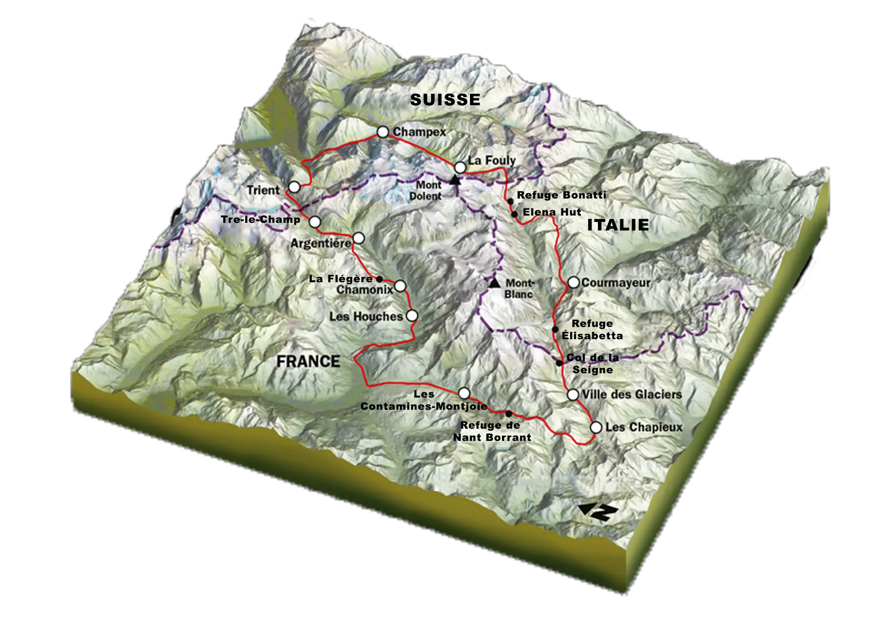 Carte 3D du massif du Mont-Blanc montrant les zones d'intervention dépannage automobile - Chamonix, Argentière, Les Houches, Courmayeur et liaisons France-Suisse-Italie