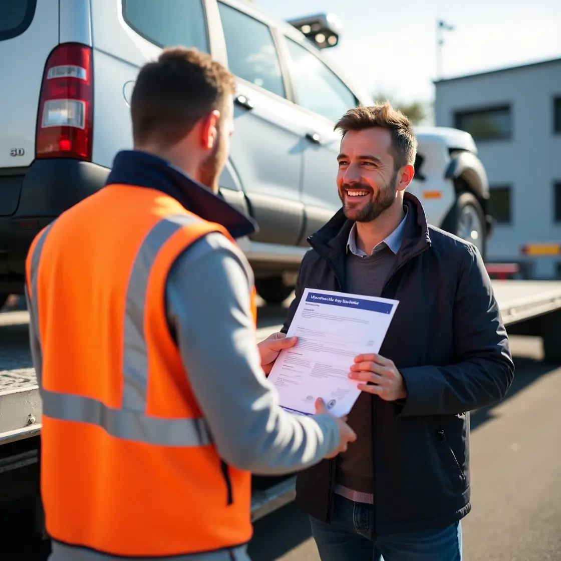 Épaviste à Annemasse remettant le certificat de destruction VHU à un client satisfait, véhicule sur dépanneuse au second plan.