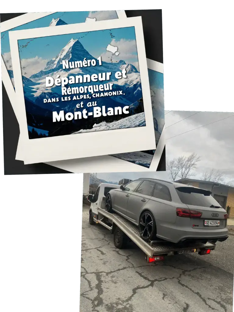 Audi suisse remorquée sur plateau — touriste en panne à Chamonix, service Mont-Blanc 24/7