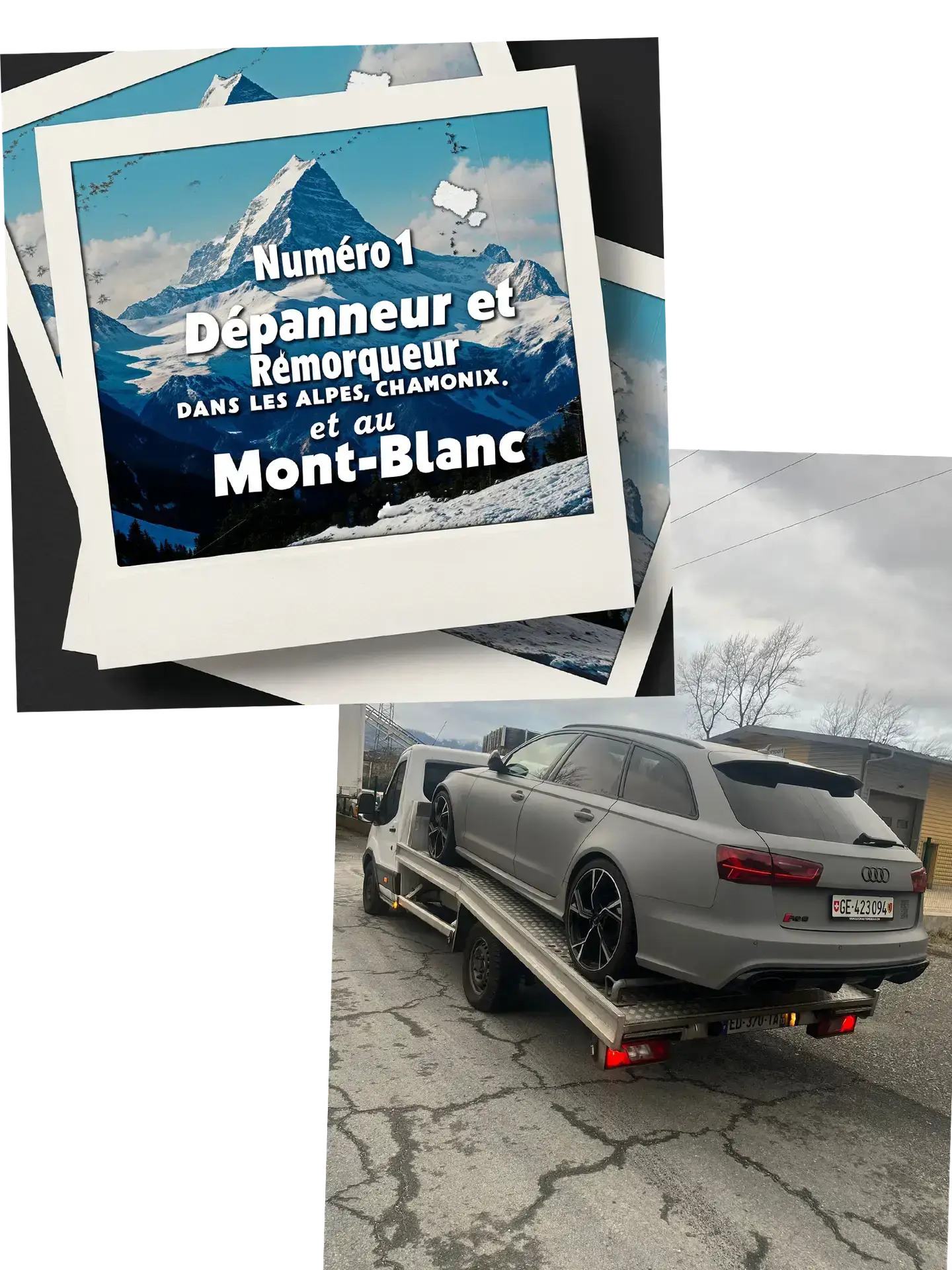Audi suisse remorquée sur plateau — touriste en panne à Chamonix, service Mont-Blanc 24/7