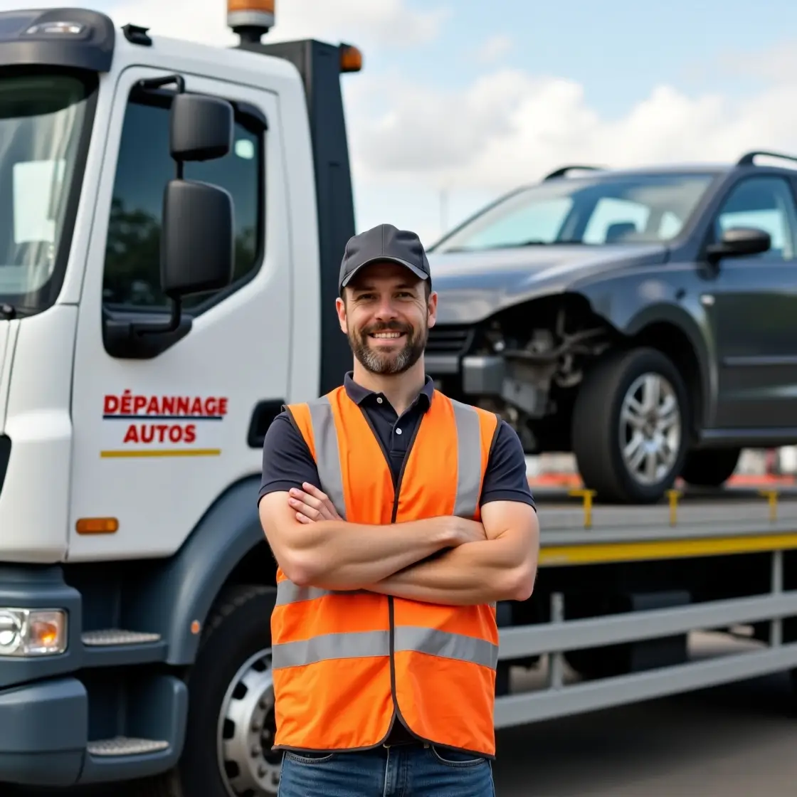 Épaviste professionnel à Annemasse (Haute-Savoie) devant dépanneuse plateau, gilet orange, SUV endommagé – Dépannage Autos.