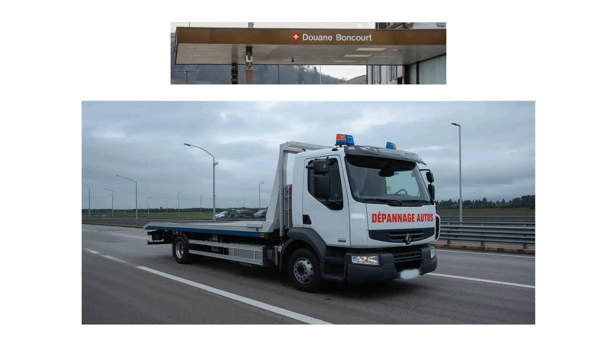 Dépanneuse plateau intervenant à la douane de Boncourt — service de remorquage transfrontalier France–Suisse 24/7