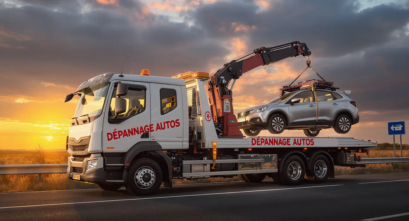 Dépanneuse plateau remorquage Orléans coucher de soleil