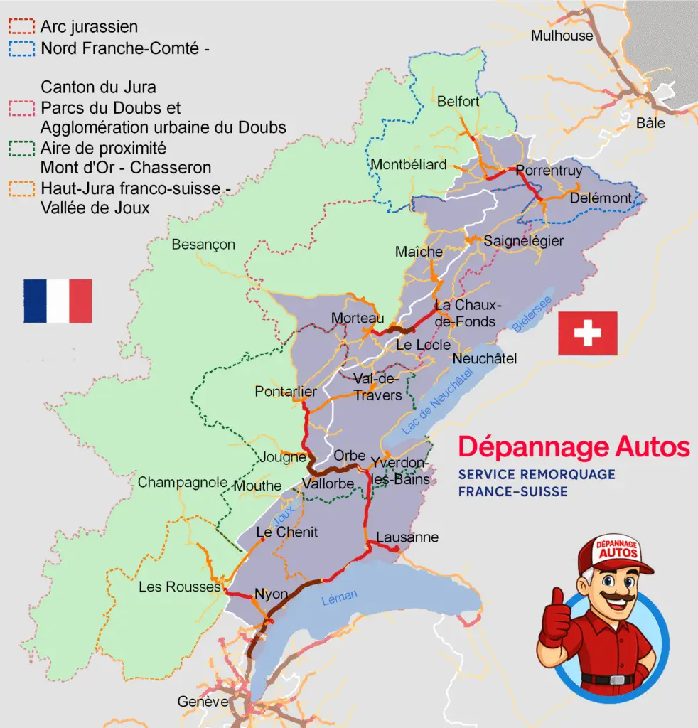Carte zone intervention remorquage transfrontalier France-Suisse : Haute-Savoie 74 Annemasse Saint-Julien Archamps Thonon Annecy, Ain 01 Gex Ferney-Voltaire Divonne, Canton Genève Lausanne Nyon région lémanique - Dépannage Autos 24/7
