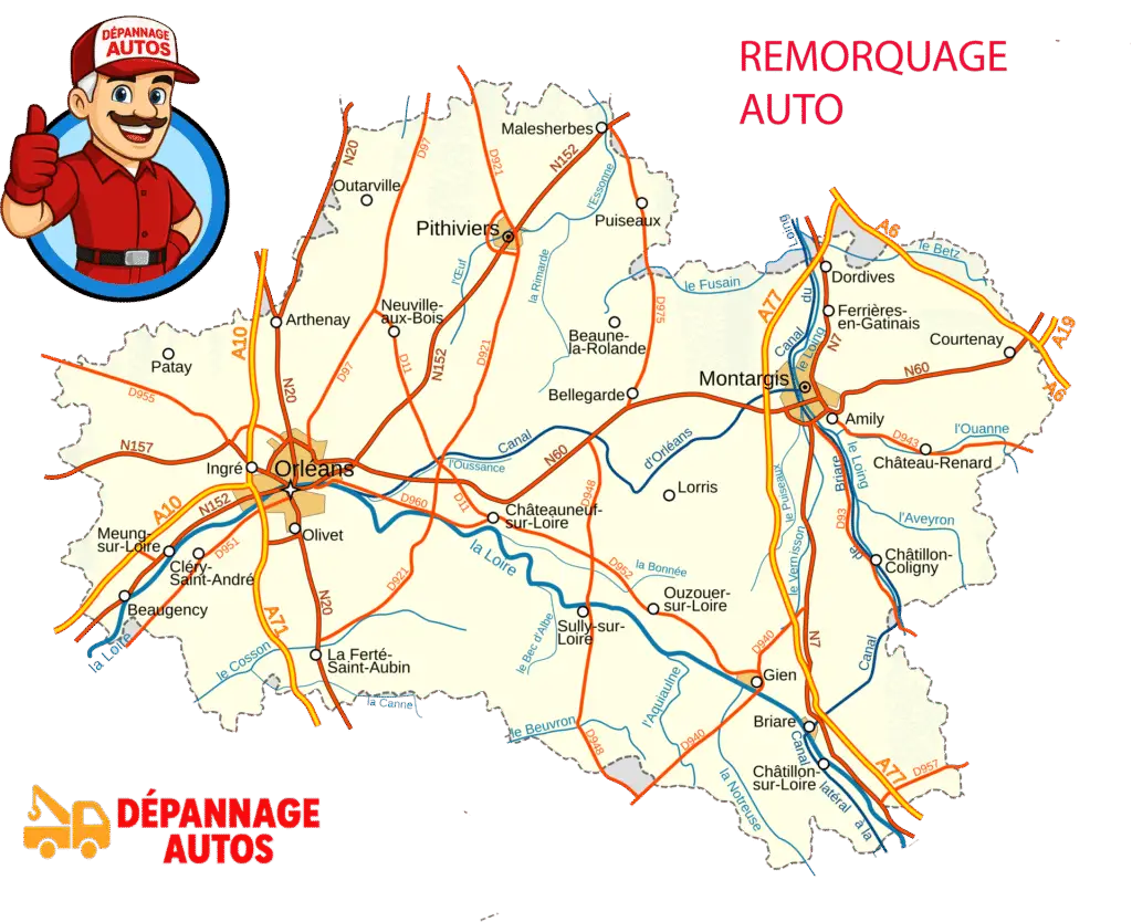 Carte des zones d'intervention de Dépannage Autos autour d'Orléans - Remorquage dans le Loiret