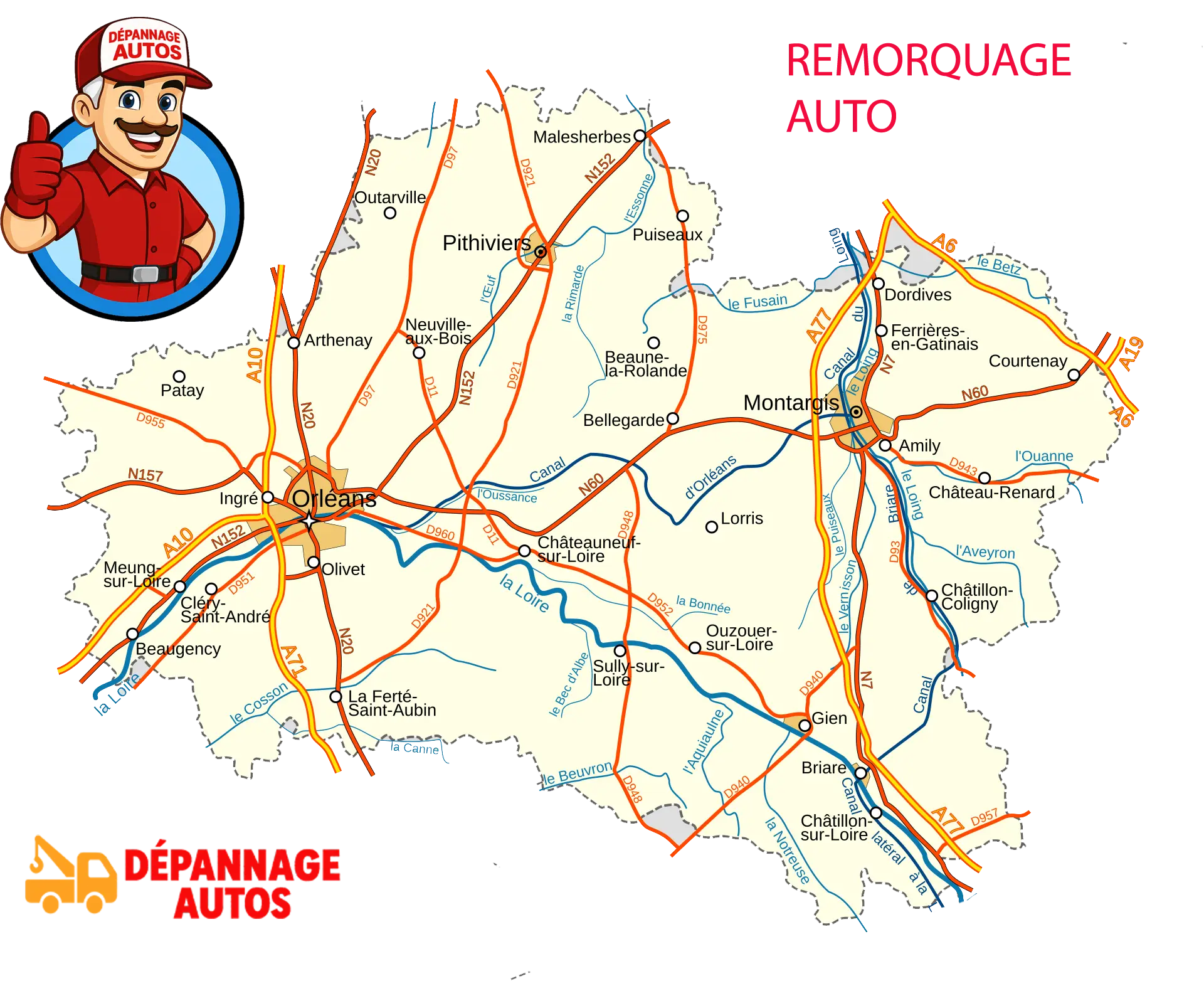 Carte des zones d'intervention de Dépannage Autos autour d'Orléans - Remorquage dans le Loiret
