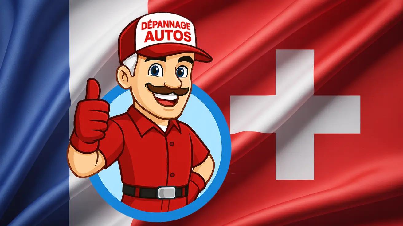 Drapeau France et Suisse avec mascotte Dépannage Autos — Service remorquage transfrontalier France–Suisse 24h/24