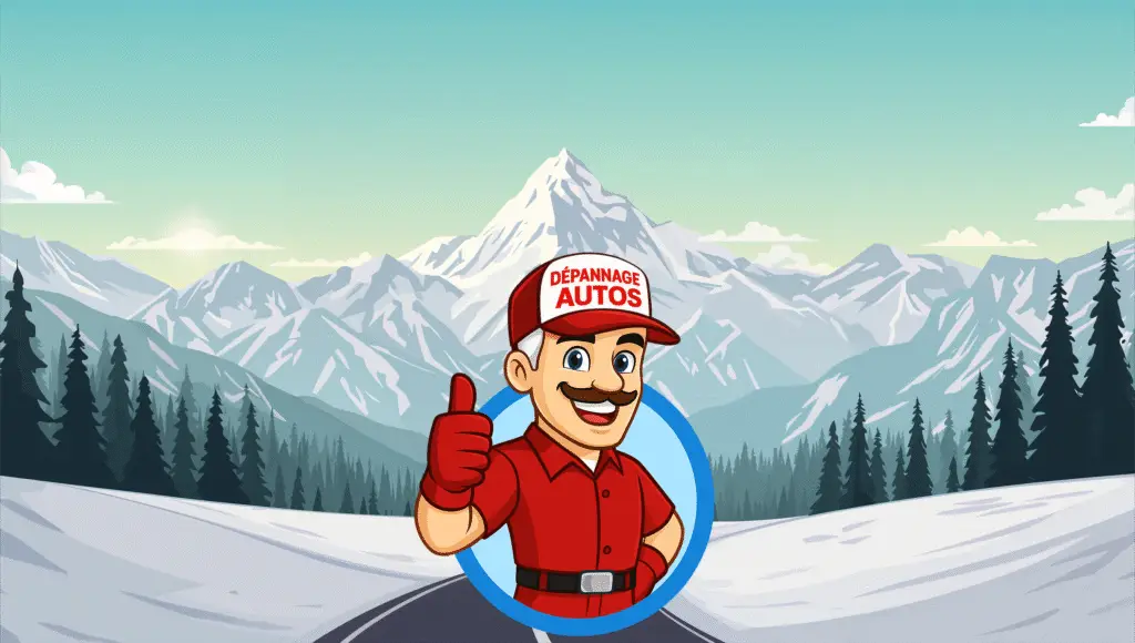 Mascotte Dépannage Autos pouce levé devant montagnes du Mont-Blanc – remorquage et dépannage sports d’hiver