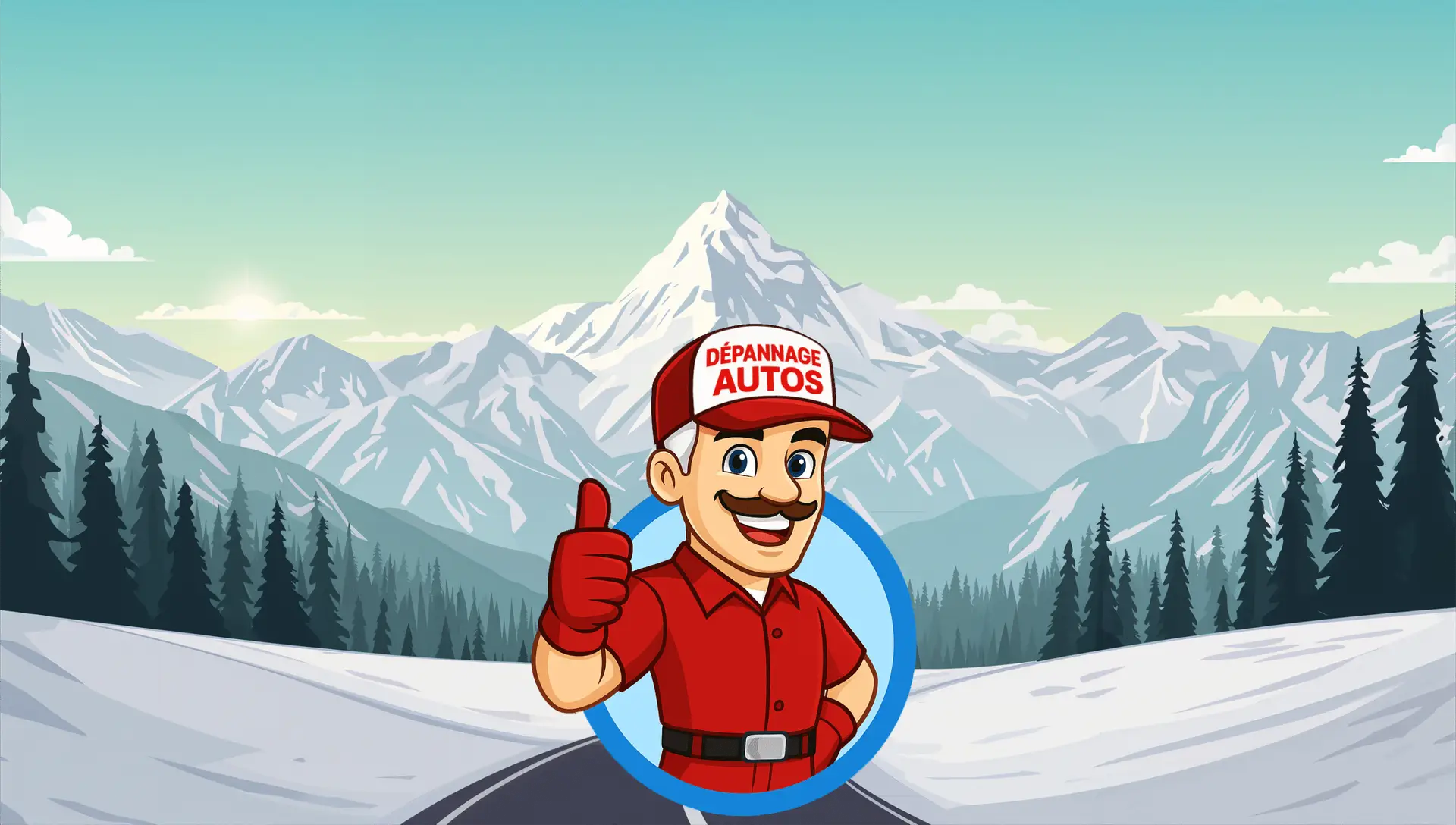 Mascotte Dépannage Autos pouce levé devant montagnes du Mont-Blanc – remorquage et dépannage sports d'hiver