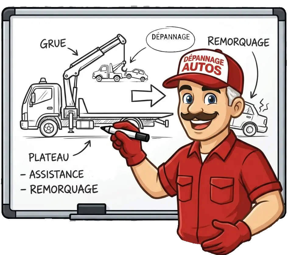 Pierre, la mascotte Dépannage Autos, explique sur un tableau le fonctionnement d’un camion de remorquage plateau