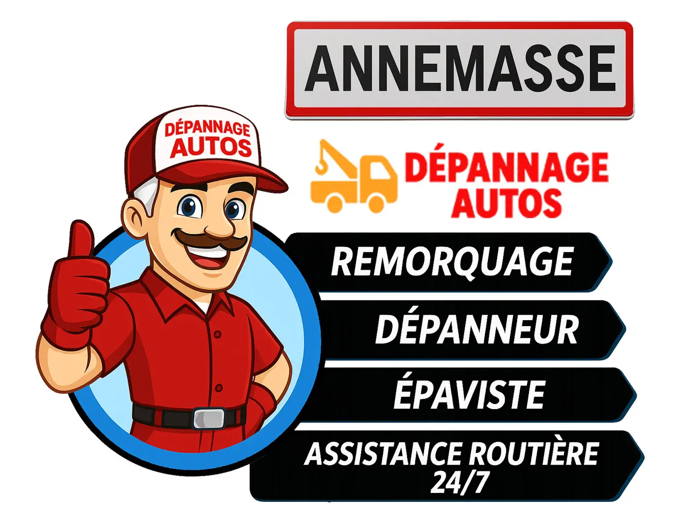 Pierre, la mascotte Dépannage Autos, présente les services de remorquage à Annemasse