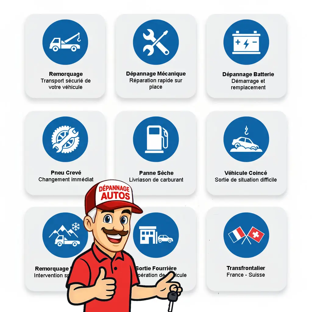 Remorquage, dépannage mécanique, batterie, pneu crevé, panne sèche, véhicule coincé, montagne, sortie fourrière, transfrontalier