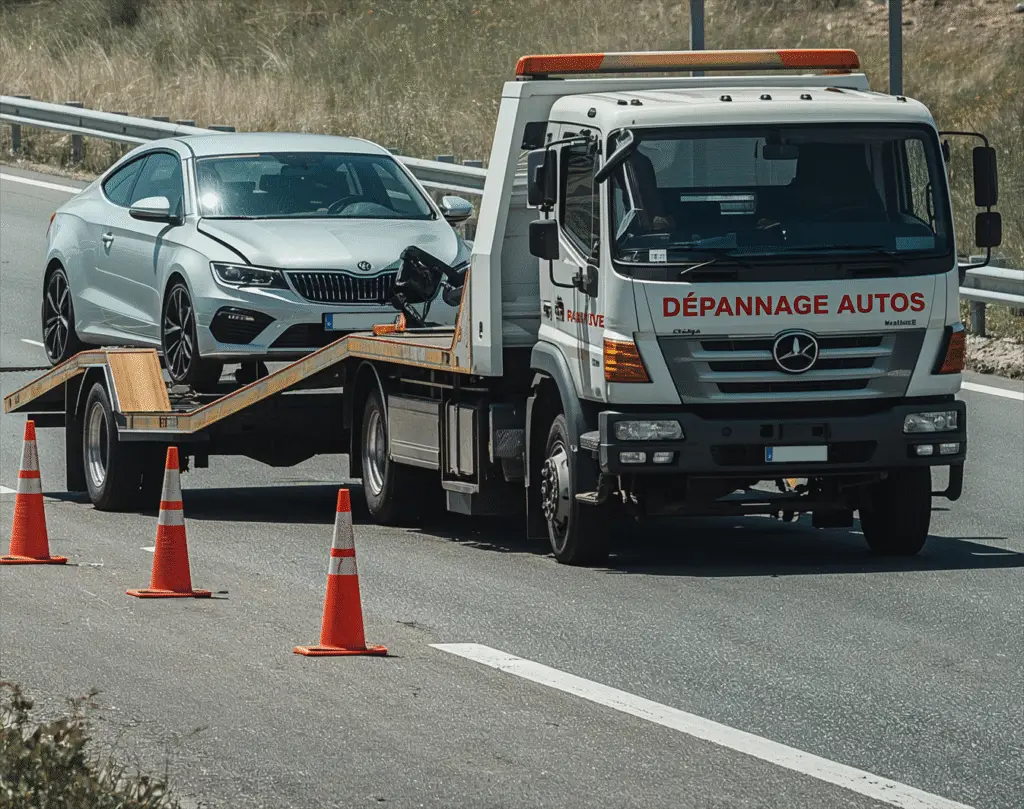 Dépanneuse plateau remorquant une voiture