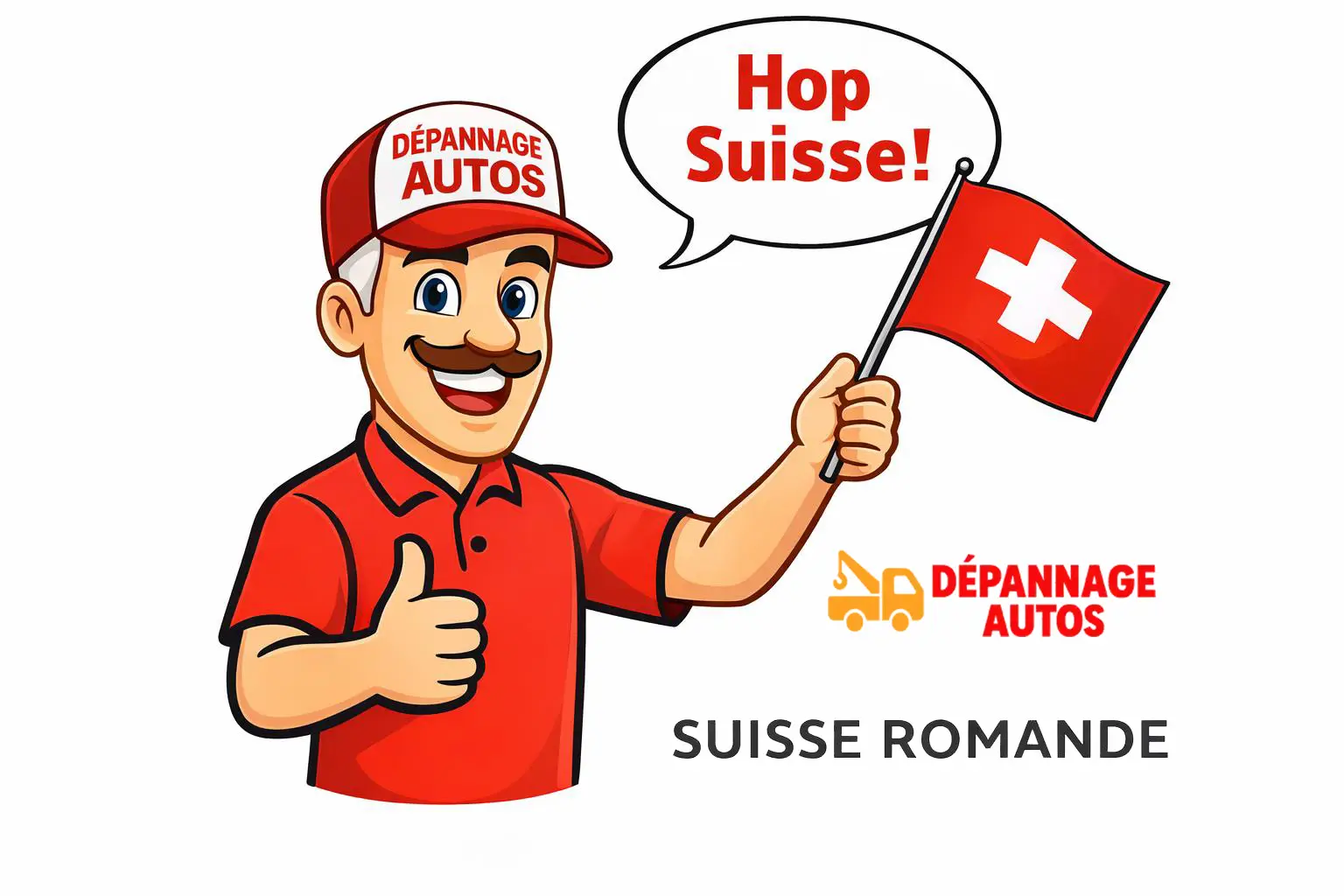Pierre mascotte Dépannage Autos Suisse Romande avec drapeau suisse