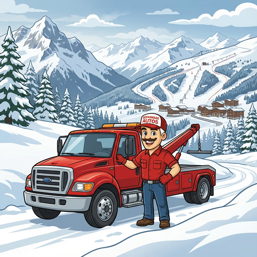 Pierre, mascotte de Dépannage Autos, devant sa dépanneuse rouge dans les montagnes enneigées de Courchevel