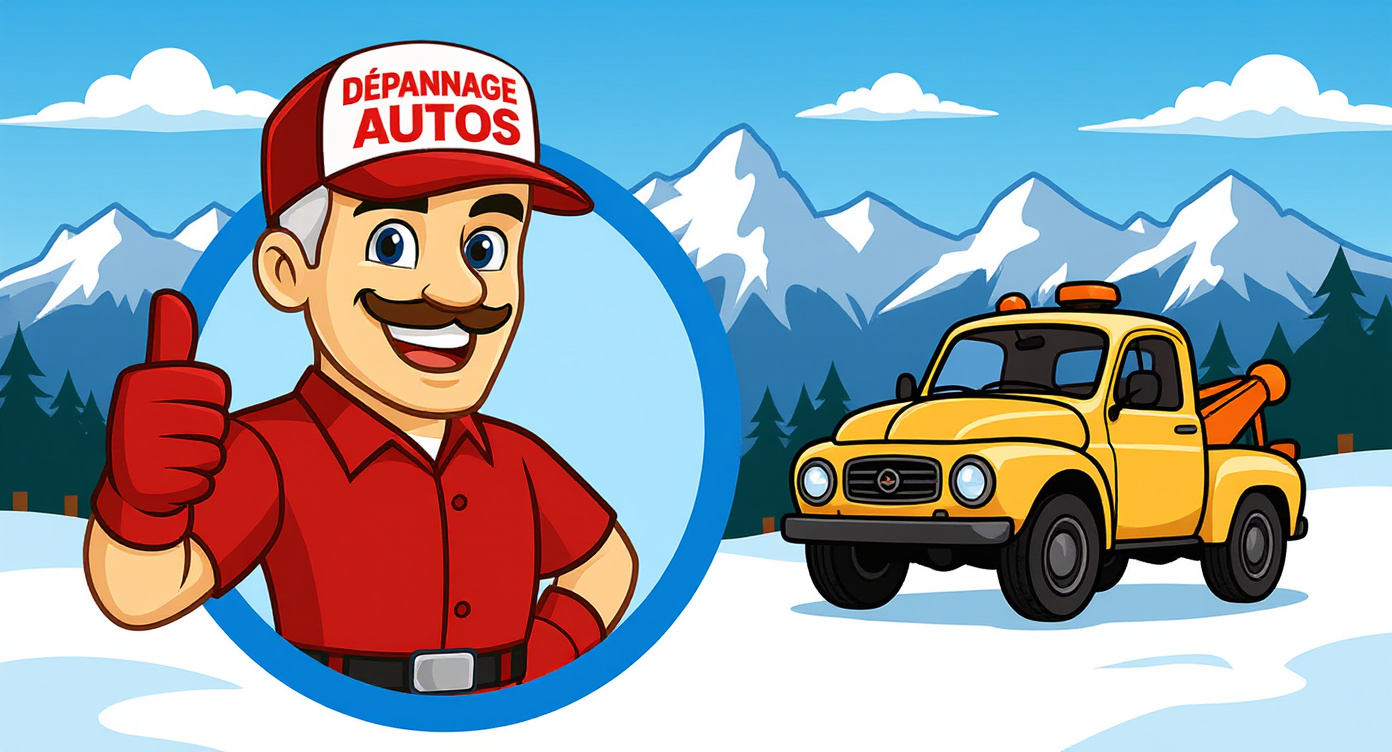 Pierre mascotte Depannage Autos avec depanneuse jaune, intervention stations de ski Alpes Portes du Soleil