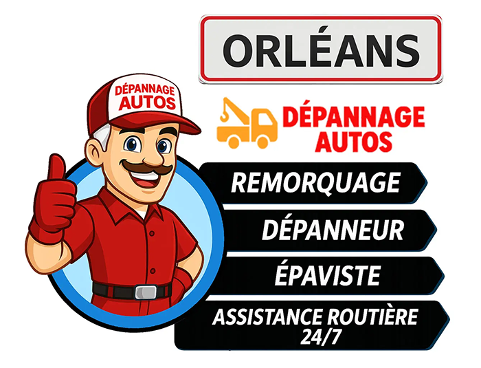 Mascotte Dépannage Autos Orléans avec panneau remorquage, dépanneur, épaviste, assistance routière 24/7 Loiret 45