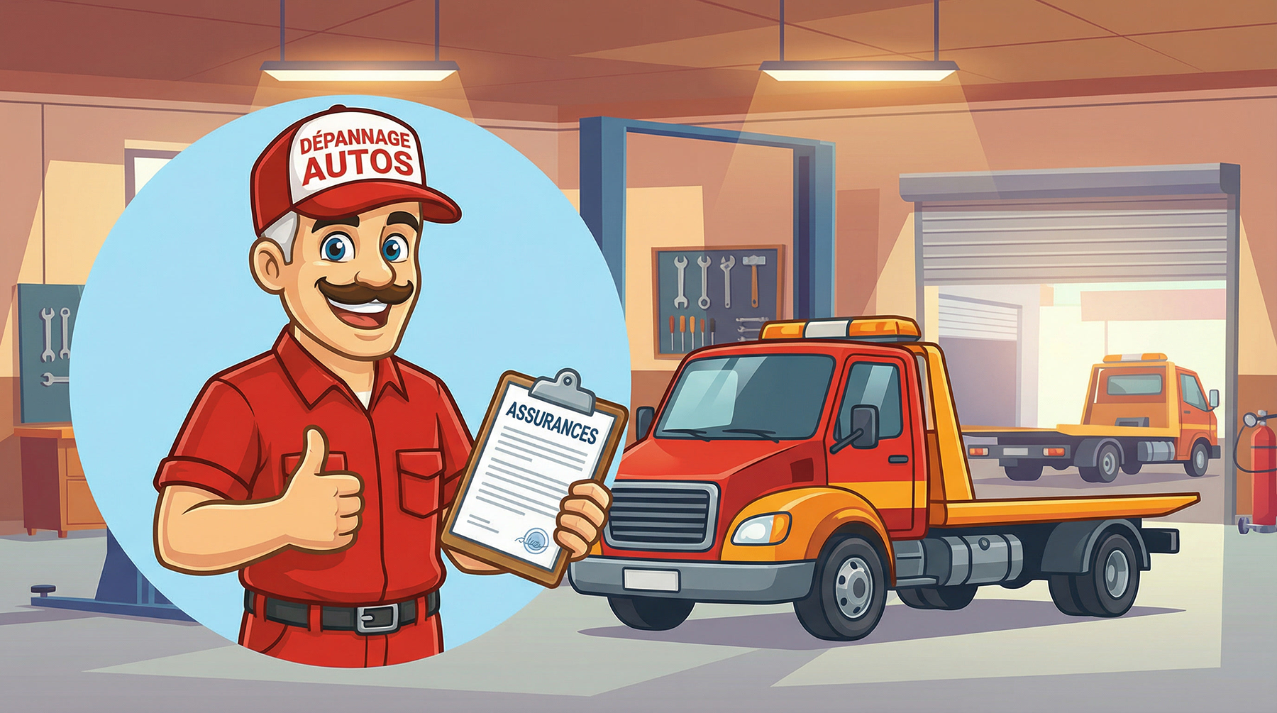 Pierre, mascotte de Dépannage Autos, dans son garage avec un clipboard d'assurance a cote d'une dépanneuse rouge et orange