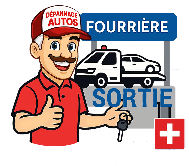 Mascotte Dépannage Autos avec clés de voiture devant une fourrière suisse - service de sortie de fourrière, remorquage et rachat de véhicule en Suisse romande